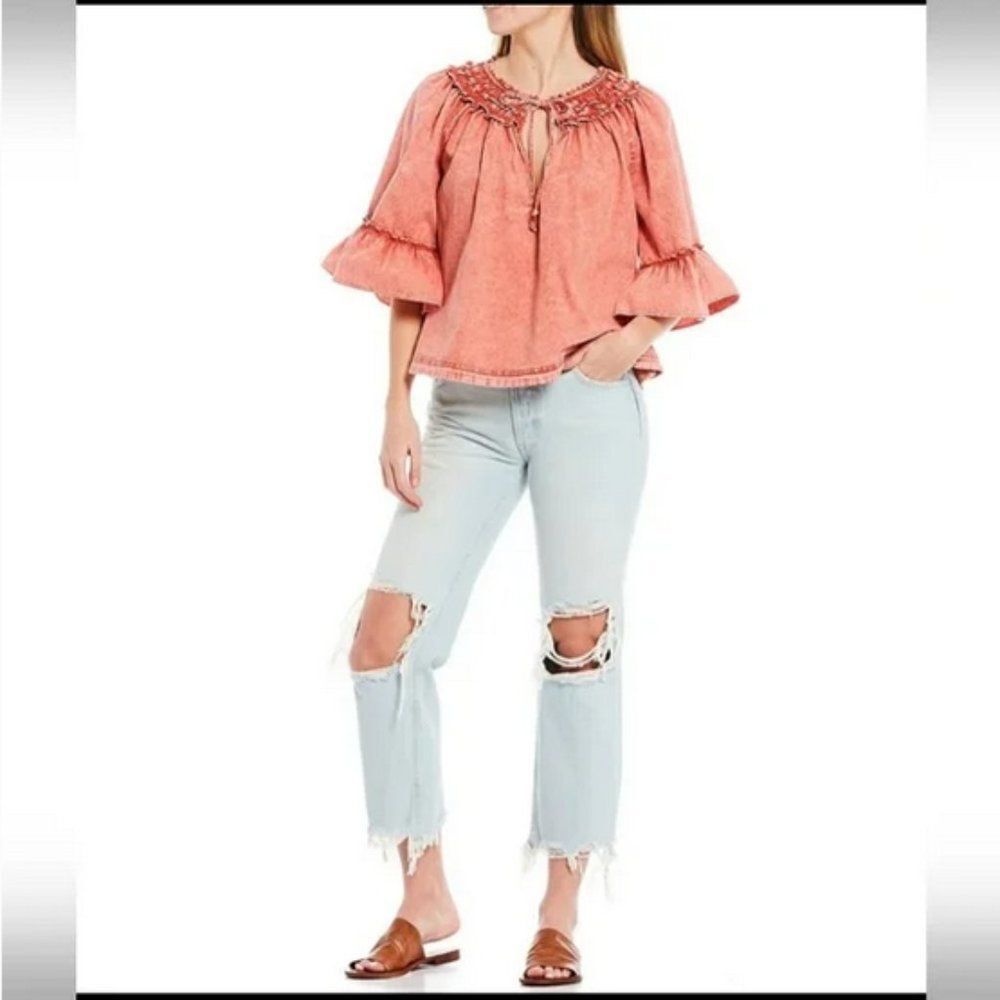 Free People Maggie Straight Leg Mid Rise Distressed Denim Jeans light wash